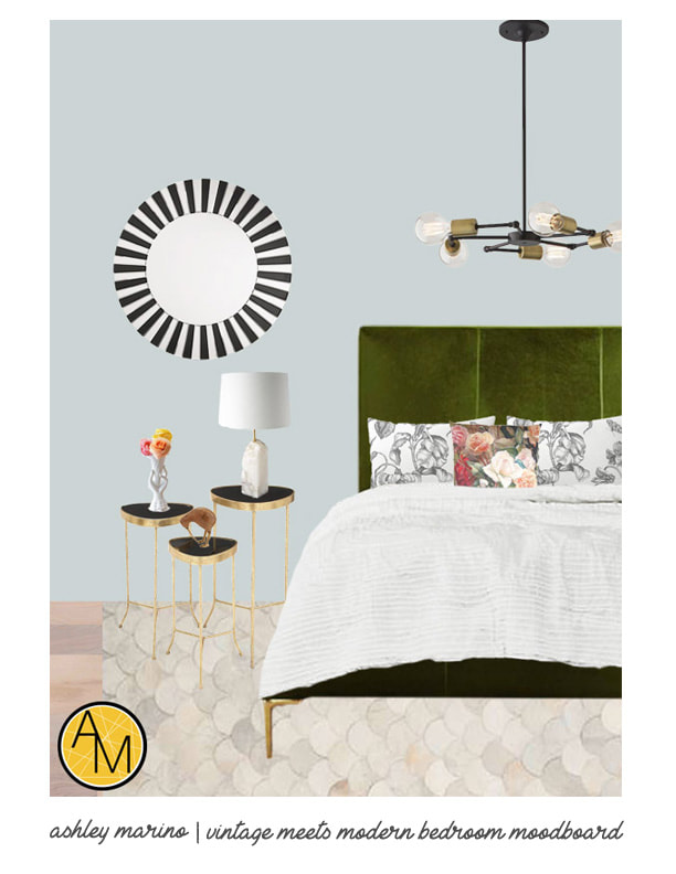 Vintage Meets Modern Bedroom. Design by interior decorator Ashley Rose Marino of Ashley Marino Designs in Dallas Fort Worth, Texas.