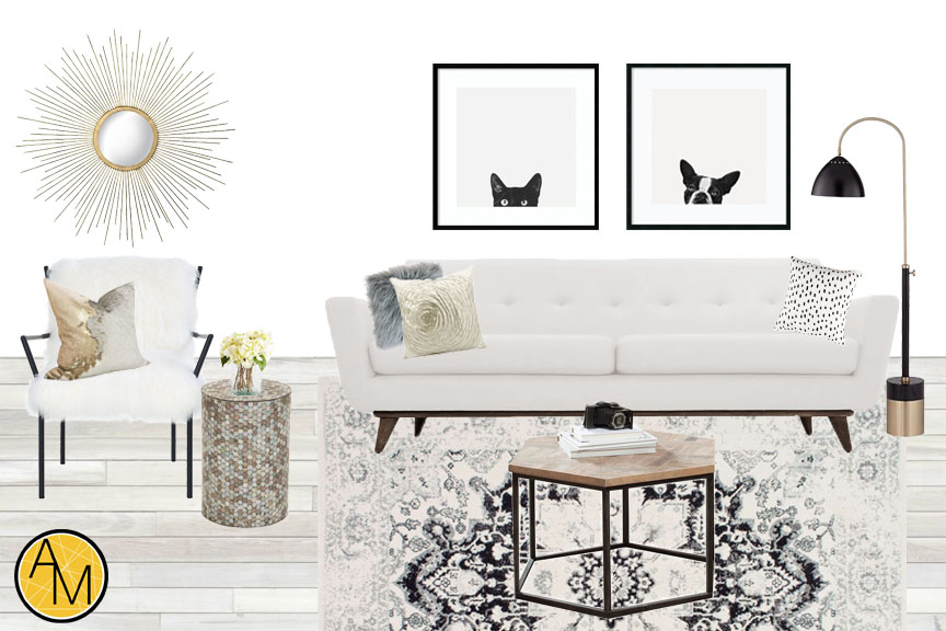 No nonsense neutrals living room moodboard. Design by interior decorator Ashley Rose Marino of Ashley Marino Designs in Dallas Fort Worth, Texas.
