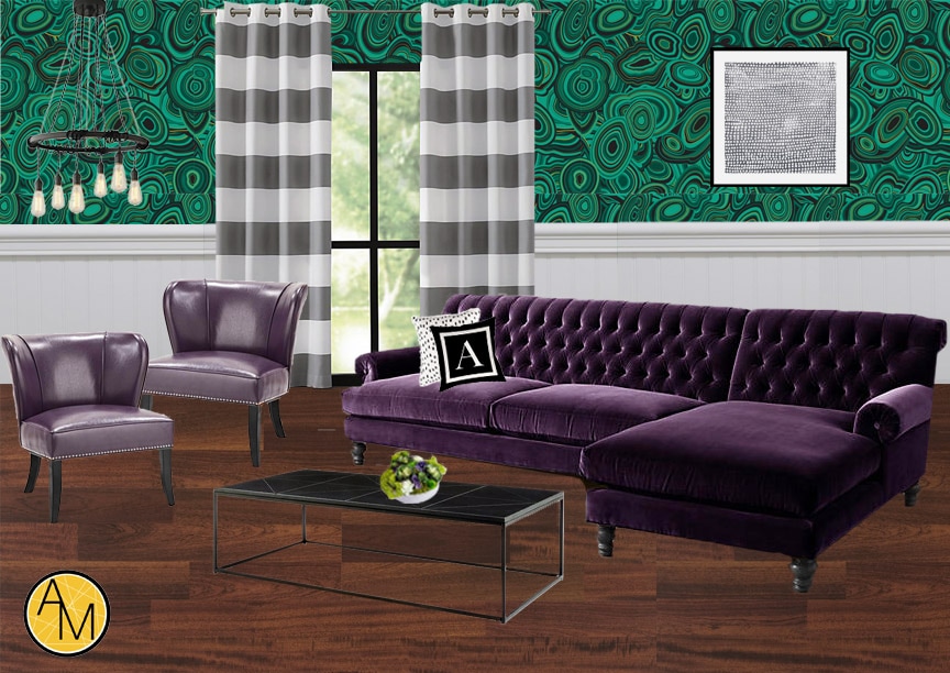 Purple and green modern moodboard. Design by interior decorator Ashley Rose Marino of Ashley Marino Designs in Dallas Fort Worth, Texas.