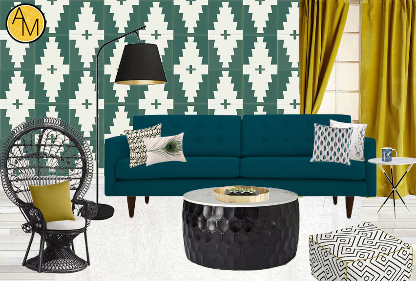 Tribal inspired living room moodboard. Design by interior decorator Ashley Rose Marino of Ashley Marino Designs in Dallas Fort Worth, Texas.